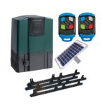 Centurion D5 gate motor kit with two remote controls, gear racks, and a solar panel in Prestons, New South Wales, Australia