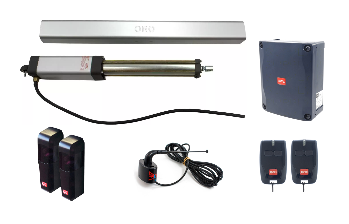 BFT ORO hydraulic swing gate opener kit with remotes and safety accessories by SAMT in Prestons, New South Wales, Australia.