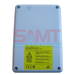 Flat view of weatherproof gate automation control box with yellow safety warning, suitable for outdoor installation in Prestons, New South Wales, Australia