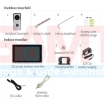 Packing list showing outdoor doorbell, indoor monitor, cables, power supply, and hardware accessories for video intercom installation in Prestons, New South Wales, Australia