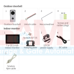 Packing list and component overview for a smart video door intercom system, showing outdoor doorbell, unlock cable, hex screwdriver, screws, indoor monitor, power supply, DC cable, hanging plate, screws, and 4-pin cable, as supplied in Prestons, New South Wales, Australia