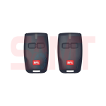 Pair of BFT remote controls for automatic gate operation, black with red BFT logo and two buttons each, in Prestons, New South Wales, Australia