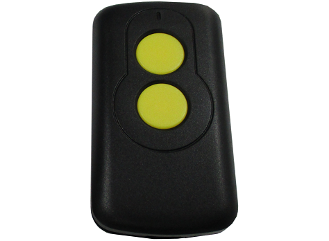 Two-button yellow garage door remote control, compatible with automatic garage doors in Prestons, New South Wales, Australia.