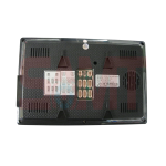 Rear view of a video intercom monitor showing multiple connection ports, wiring terminals, and a label with technical specifications, photographed in Prestons, New South Wales, Australia