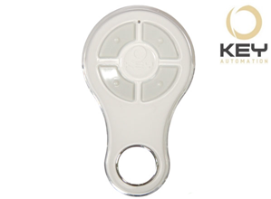 White Key Automation wireless remote control with four buttons and logo, photographed in Prestons, New South Wales, Australia.