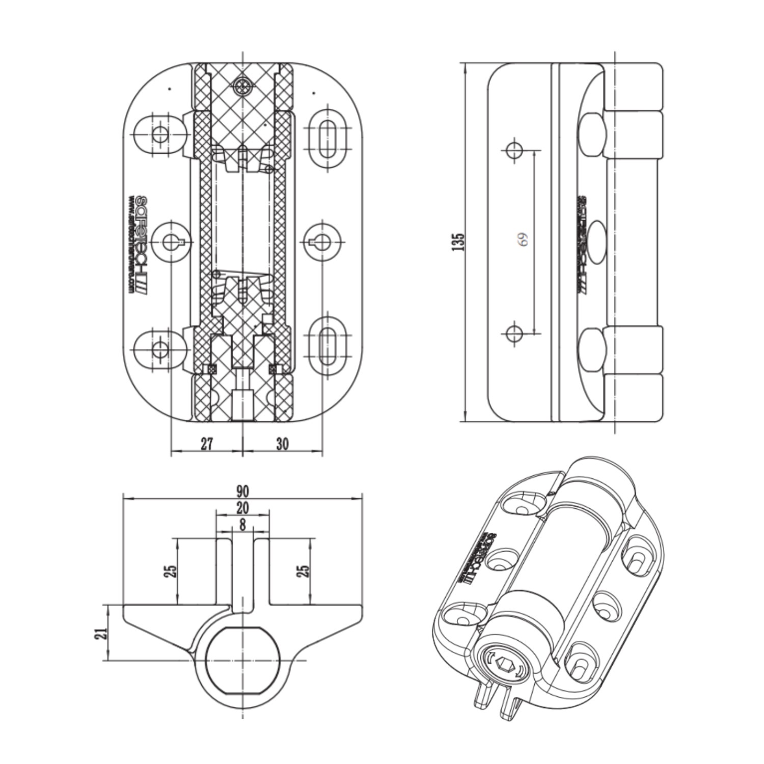Safetech Safestop Polymer Gate Stop – Technical Drawing Detailed technical drawing of the Safetech “SAFESTOP” gate stop, showing all critical measurements and cross-section views. Provides installers with precise dimensions for accurate mounting and compatibility with various gate types By SAMT Garage & Gate Automation in Prestons, New South Wales, Australia.