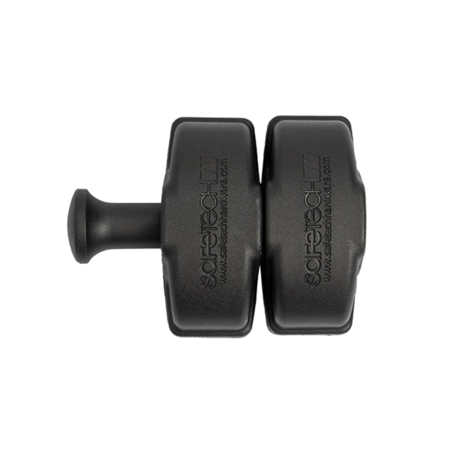 Safetech Safestop Polymer Gate Stop – Direct Front View Straight-on product image of the Safetech “SAFESTOP” black polymer gate stop, featuring a contoured, rounded face and prominent Safetech branding. Designed for reliable and long-lasting stopping action on swing gates or doors By SAMT Garage & Gate Automation in Prestons, New South Wales, Australia.