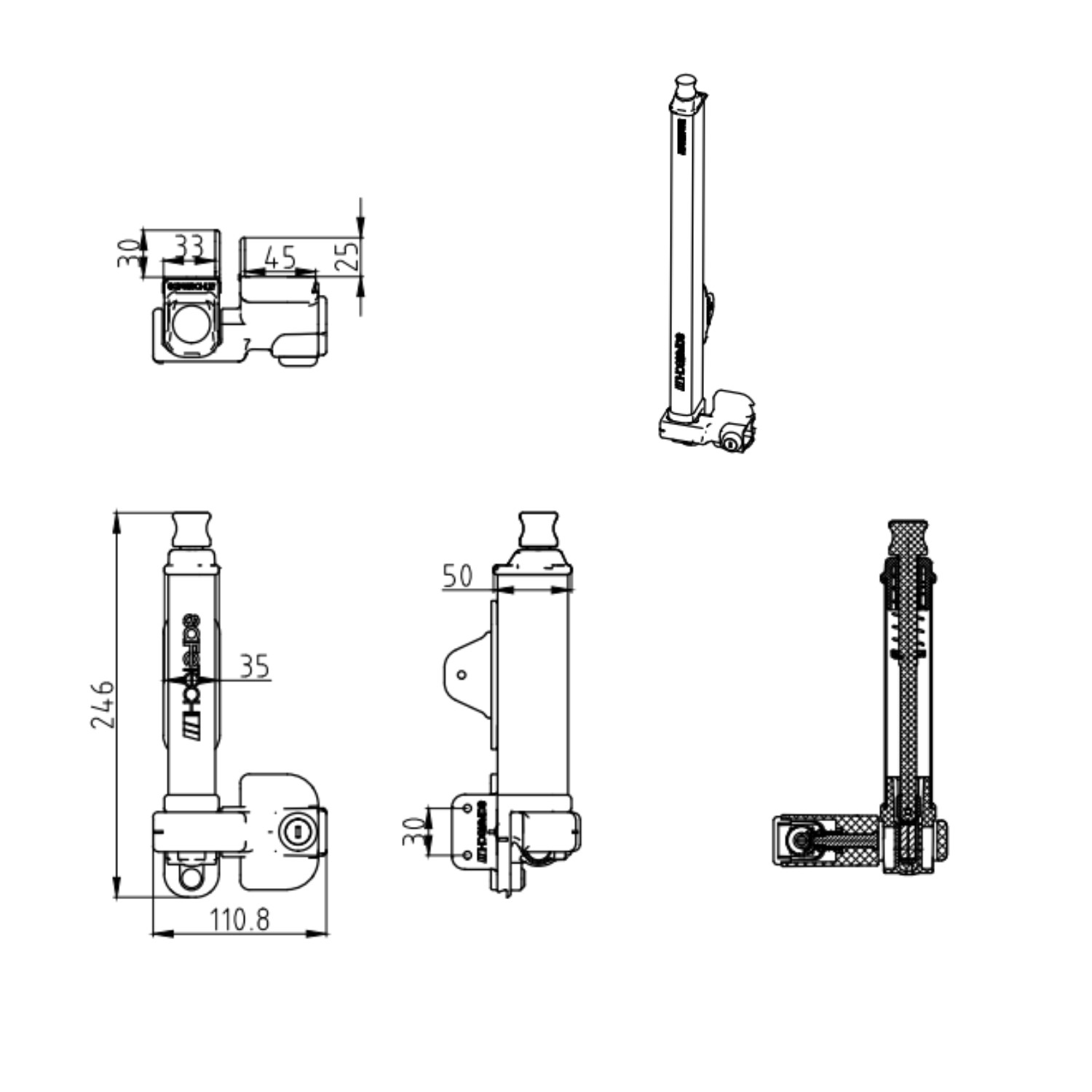 Detailed technical illustration displaying the dimensions, mounting configuration, and assembly references for the curved polymer gate handle, serving as a precise guide for installers and design engineers By SAMT Garage & Gate Automation in Prestons, New South Wales, Australia.